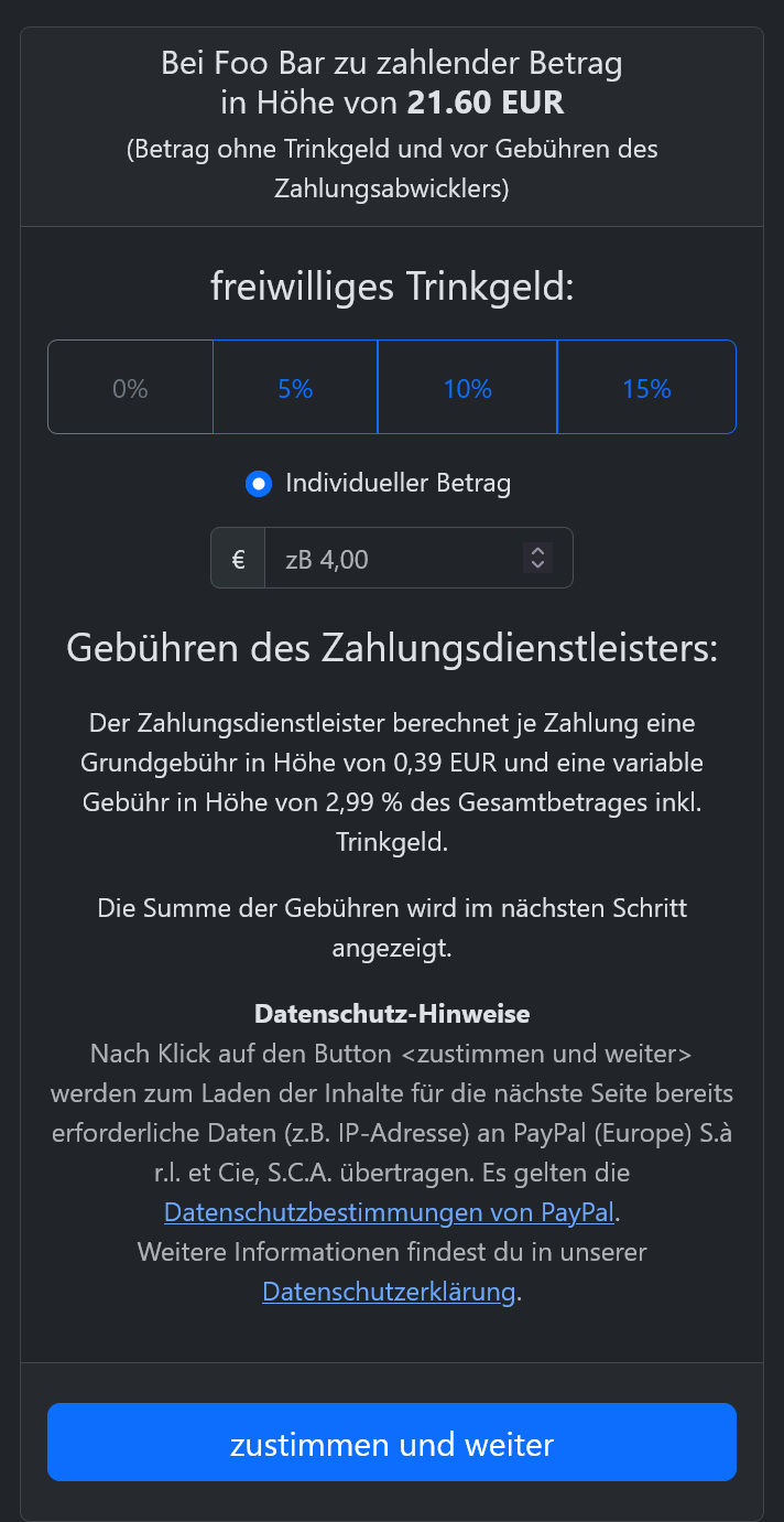 Screenshot des Dialogs für den Gast zur Festlegung eines Trinkgeldes.